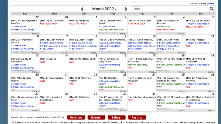 Calendar of Services